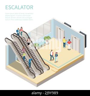 Isometrische Komposition mit Personen, die Rolltreppe verwenden und auf die 3D-Vektordarstellung des Aufzugs warten Stock Vektor