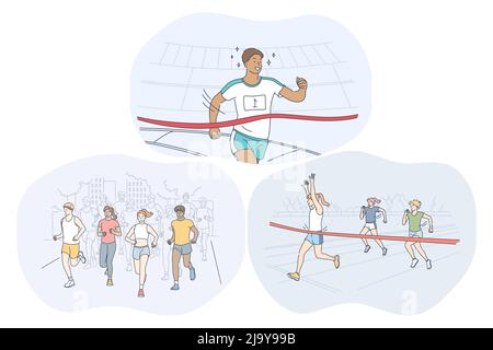 Konzept für Leichtathletik, Laufen, Marathon-Wettkampf. Junge Menschen Sportler Sportler, die an Sportmarathons im Freien und in Stadien teilnehmen. Aktive gesunde Lebensweise und Training Illustration Stock Vektor