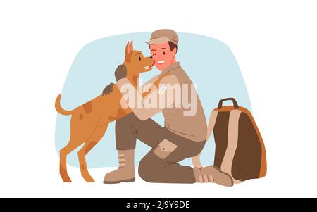 Glücklicher Hund Treffen Haustier Besitzer Rückkehr aus dem Militärdienst, Soldat umarmt Welpen Stock Vektor
