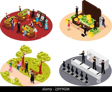 Spezialagent Spion isometrische 4x1 Sammlung von isolierten runden Kompositionen mit verdeckten Agenten in verschiedenen Umgebungen Vektor-Illustration Stock Vektor