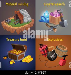 Vier Quadrate Cartoon Bergbau Spiel Design-Symbol mit Mineral-Bergbau Kristall Suche Schatzsuche und Sprengstoff Beschreibungen Vektordarstellung gesetzt Stock Vektor