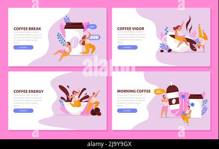 Koffein stimulierende Wirkung flach 4x1 Satz von horizontalen Hintergründen mit Kaffee Menschen editierbaren Text und Tasten Vektor Illustration Stock Vektor