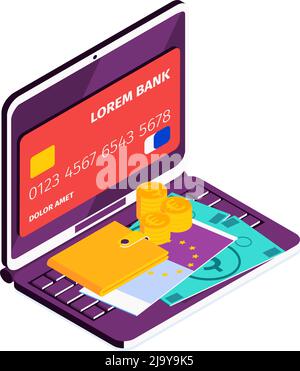 Isometrische Online-Mobile-Bank Zusammensetzung mit Symbolen der Laptop-Austausch und Zahlungsmethoden Vektor-Illustration Stock Vektor