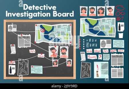 Detective Board Set mit Text und isolierten Bildern von Pins Fotos von Verdächtigen mit Zeitungsausschnitten Vektor-Illustration Stock Vektor