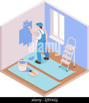 Isometrische Reparaturen Zusammensetzung mit Blick auf Wohnzimmer mit Charakter der Werkstatt Malerei Wand Vektor-Illustration Stock Vektor