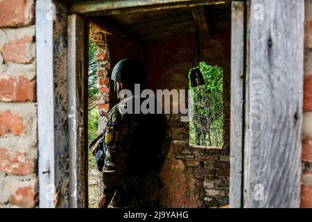 Soledar, Ukraine. 24.. Mai 2022. Ein Soldat an der Front vor Soledar. Soledar ist eine Stadt der Region Donetsk, die von russischer Artillerie gehämmert wird, da sie sich entlang der entscheidenden Straße befindet, die aus dem belagerten Severodonetsk führt. Kredit: SOPA Images Limited/Alamy Live Nachrichten Stockfoto