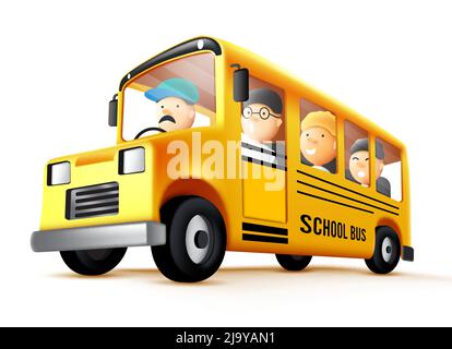 Schulbus-Vektor-Design. Schulbus-Fahrzeug mit Reitstudenten und Fahrer-Figuren für den Rückweg zur Schule Dienstreise. Vektorgrafik. Stock Vektor