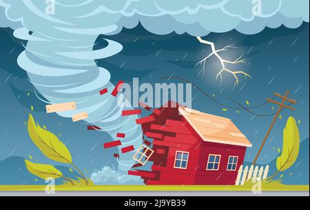 Natürliche Katastrophe Cartoon-Komposition mit Outdoor-Vorstadtlandschaft regen Wolken und Tornado Vortex Zerstörung lebenden Haus Vektor Illustration Stock Vektor