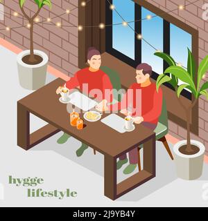 Hygge Lifestyle isometrische Komposition mit dänischen gemütlichen Wohnraumleuchten Pflanzen genießen Kaffee paar Hintergrund Vektor Illustration Stock Vektor