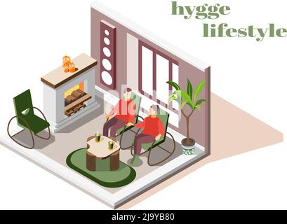 Hygge Lifestyle Wohnzimmer Interieur mit Kamin Pflanzen Kerzen komfortabel miteinander Paar isometrische Vektor-Illustration Stock Vektor