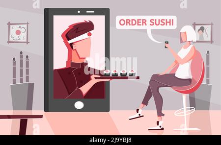 Sushi online flache Komposition mit heimisch Landschaft und weibliche Charakter Bestellung asiatischer Lebensmittel mit Smartphone-Bildschirm Vektor-Illustration Stock Vektor