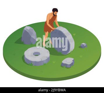 Caveman prähistorischen primitiven Menschen rund isometrische Zusammensetzung mit alten Menschen Charakter-Trundling-Rad aus Stein Vektor-Illustration Stock Vektor