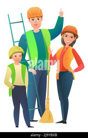 Mann und Frau und Kind Sohn Baumeister in Weste und Schutzhelm. Fröhliche Person. Stehende Pose. Flaches Design im Comic-Stil. Ein Zeichen. Stock Vektor