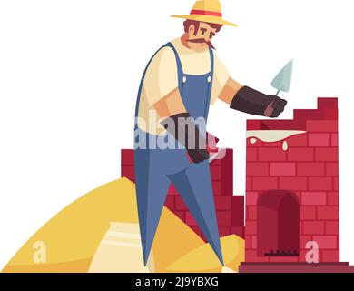 Handwerker Komposition mit Charakter der bärtigen Mann, der Heizofen mit Ziegel und Sand Vektor-Illustration Stock Vektor