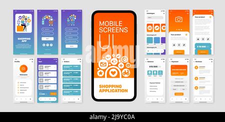 Mobile Bildschirme mit Benutzeroberfläche der Shopping-Anwendung isoliert flache Vektor-Illustration gesetzt Stock Vektor