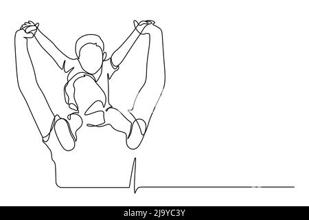 Vater trägt Sohn auf Schultern mit Arm angehoben Pose Aktion Linie Kunst Vektor Illustration. Eine Linie zeichnen und kontinuierlichen Stil Stock Vektor