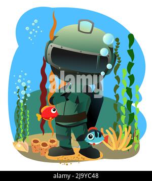 Taucher in Retro-Tauchausrüstung, umgeben von Fischen und Algen. Kerl in Unterwasser Anzug unten Teich. Lustige Karikatur. Isoliert auf weißem Hintergrund. Extremsport Stock Vektor