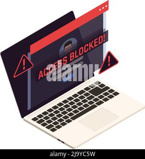 Isometrisches Datensicherungssymbol mit Benachrichtigung über blockierten Zugriff auf 3D-Vektorgrafik auf dem Laptop-Bildschirm Stock Vektor