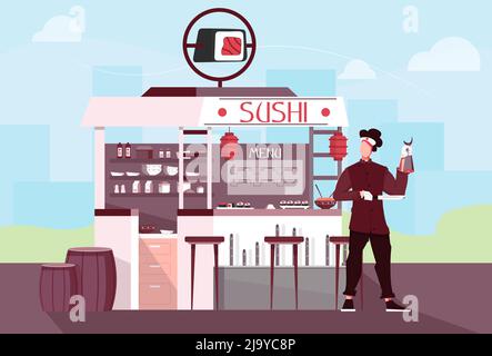 Sushi-Shop Menschen flache Zusammensetzung mit Outdoor-Landschaft und Stadtlandschaft mit Restaurant-Stand und menschlichen Charakter Vektor Illustration Stock Vektor