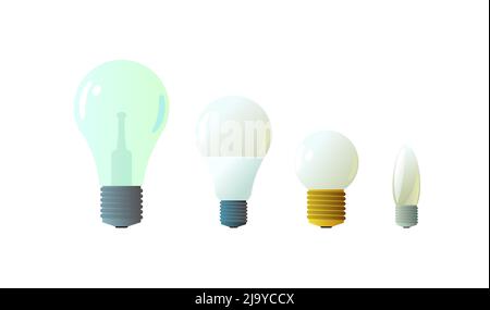 Set aus Glas-Glühbirne. Beleuchtungseinrichtung. Energiesparende Technologien. Isoliert auf weißem Hintergrund. Vektor. Stock Vektor