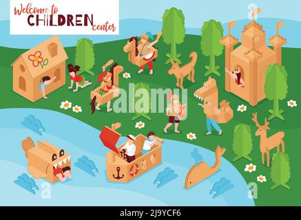 Kreative Kinderzentrum Spielplatz Karton Burg Schiff Wal Spielzeug Bäume Umgebung Werbung Einladung isometrische Poster Vektor Illustration Stock Vektor