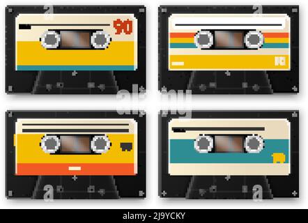 Realistische vintage Musikkassette Satz von vier isolierten Bildern von Audiotapes mit Schatten auf leeren Hintergrund Vektor-Illustration Stock Vektor