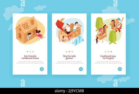 Umweltfreundliche Kinder Spielzeug vertikale Banner Satz von Kindern spielen Mit Karton Haus Schiff Pferd isometrische Vektor-Illustration Stock Vektor