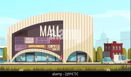 Einkaufszentrum außerhalb Zusammensetzung Einkaufszentrum Gebäude mit Tags und Überschriften von Geschäften an der Wand Vektorgrafik Stock Vektor