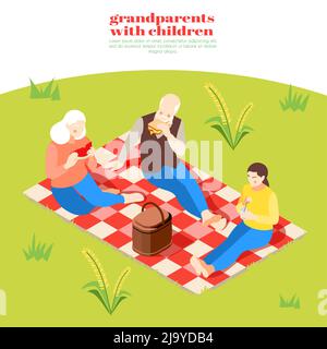 Großeltern mit Kindern isometrisches Poster mit Großmutter Großvater und Enkelin Bei Picknick Vektorgrafik Stock Vektor