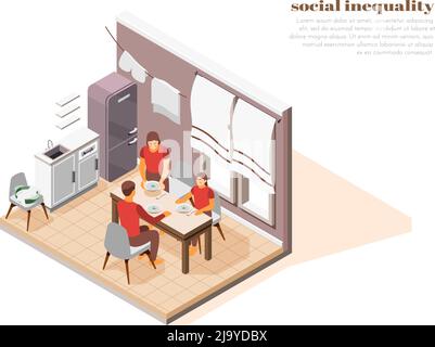 Arme hungrige Familie essen sehr kleine Abendessen isometrische Zusammensetzung 3d-Vektor-Illustration Stock Vektor