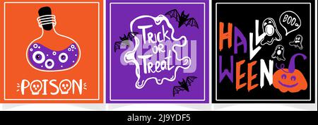 Ein Satz Halloween-Grußkarten mit handgeschriebenem Text. Traditionelle Figuren, handgezeichnet im Doodle-Stil. Gift in einer Flasche, Fledermäuse und Geister mit Stock Vektor