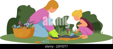Gartenarbeit flache Zusammensetzung mit Frau und Mädchen Pflanzen Frühling Blumen Vektor Illustration Stock Vektor