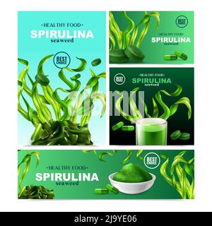 Realistische Spirulina Satz von vier Banner mit bunten Bildern von Wasserpflanzen bereit Produkte und Text Vektor Illustration Stock Vektor