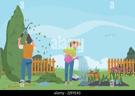 Frühling Gartenarbeit flache Zusammensetzung mit Zeichen von Gärtnern arbeiten in Outdoor-Gartenlandschaft mit wachsenden Gemüse Vektor-Illustration Stock Vektor