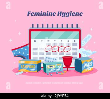 Flache Frau Menstruationskalender Zusammensetzung auf rosa Hintergrund mit femininen Hygiene Überschrift Vektor Illustration Stock Vektor