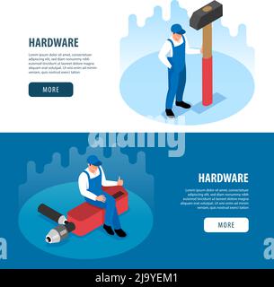 Hardware horizontale Banner mit praktischen Werkzeugen für die Schreinerei Metallarbeiten Reparatur und Renovierung isometrische Vektor-Illustration Stock Vektor