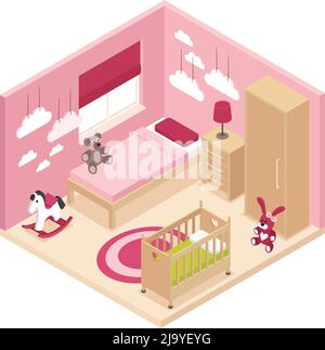 Gemütliche Rose Kinderzimmer isometrischen Innenraum mit Kleiderschrank Nachttisch Schrank in der Nähe des Bettes Kinderbett und Etagenbett Vektor-Illustration Stock Vektor