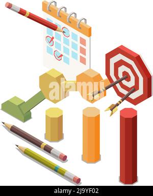 Marketing-Strategie Planung Erfolg isometrisches Konzept Symbol mit Ziel bunten Graph Kalender 3d-Vektor-Illustration Stock Vektor