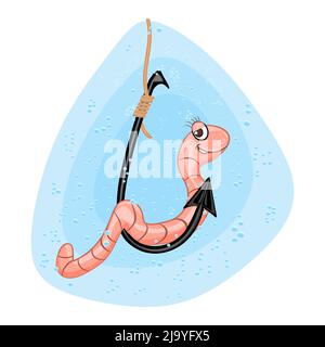 Regenwurm am Haken. Cartoon Regenwurm, Angelhaken, Wasser und Blasen. Angelköder Konzept. Lustige niedliche Wurm hängen von Angelhaken.Vektor-Illustration Stock Vektor