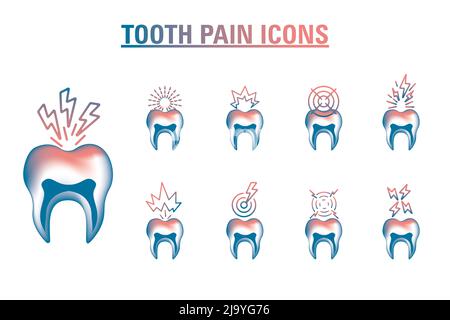 Zahnschmerzen Icon Set, Vektor Icon isoliert auf weißem Hintergrund, Karies Krankheit Konzept, 3D Illustrationen Logo, Piktogramm Set. Stockfoto