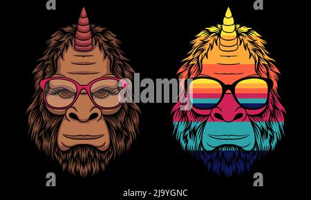 Bigfoot Horn Einhorn trägt eine Brille Vektor Illustration Stock Vektor