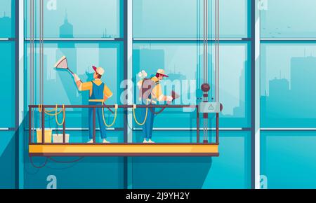Reinigungszusammensetzung mit Blick auf hohes Gebäude und Gruppe von Arbeitern, die Fenster auf hängender Bühne reinigen Vektordarstellung Stock Vektor