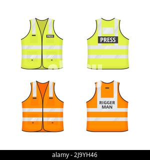 Reflektierende Warnweste mit Labes-Tag-Set im flachen Design mit Vektorgrafik. Orange und gelb fluoreszierende Sicherheits-Arbeitsjacke mit Reflec Stock Vektor