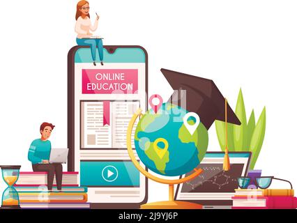Online-Bildung weltweit Cartoon-Komposition mit Abschlusskappe Studenten sitzen auf Smartphone-Bücher Stapel Sanduhr Vektor-Illustration Stock Vektor