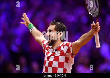 Der kroatische Cilic Marin feiert den Sieg des französischen Lucas Pouille am 3. Tag des Davis-Cup-Finales 2018 im Stade Pierre-Mauroy in Lille am 25. November 2018 Stockfoto