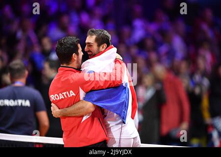 Der kroatische Cilic Marin feiert den Sieg des französischen Lucas Pouille am 3. Tag des Davis-Cup-Finales 2018 im Stade Pierre-Mauroy in Lille am 25. November 2018 Stockfoto