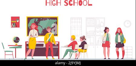 High School College Unterricht Klassenzimmer Karte Globus Studenten am Schreibtisch Jugendliche reden flach horizontale Komposition Vektor Illustration Stock Vektor