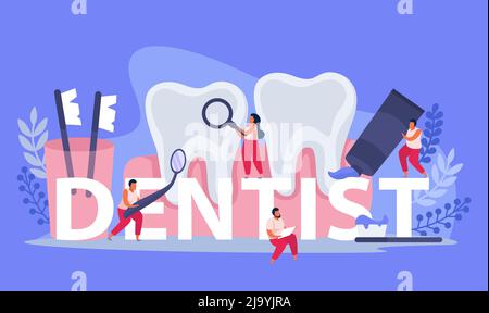 Zahngesundheit flache Zusammensetzung mit Text umgeben von Doodle menschlichen Charakteren und Instrumenten mit Zahn Bilder Vektor-Illustration Stock Vektor