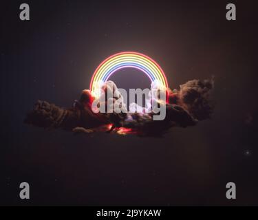 Ein surreales Konzept eines leuchtend leuchtenden Neon-Regenbogens in einer flauschigen dunklen Wolke auf einem stellaren Weltraumhintergrund - 3D Render Stockfoto
