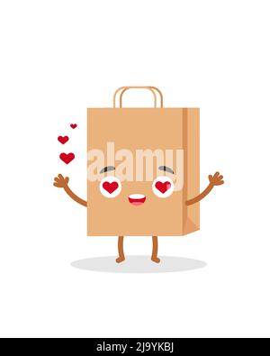 Papier Einkaufstasche Emotionen lieben Charakter. Emoji-Vektorgrafik Stock Vektor